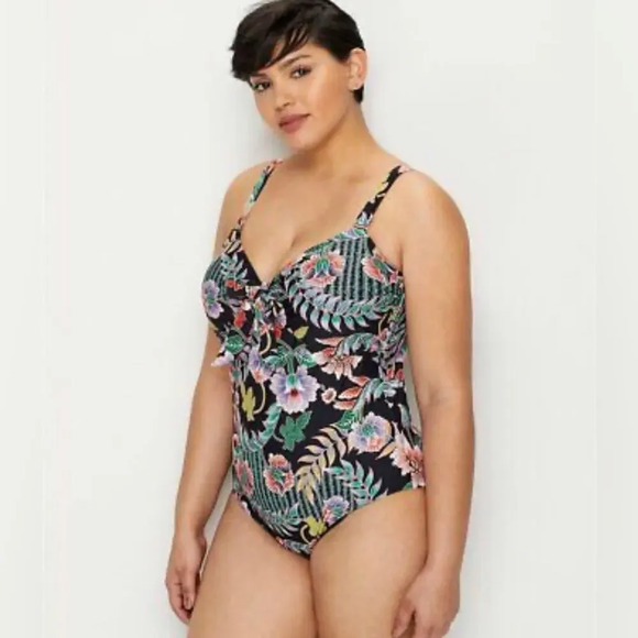 Raisins Curve BLACK ICE Indo Bloom Zanzibar Bandeau One-Piece Swimsuit Size 24W - Picture 1 of 7